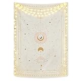 Yugarlibi Mondphasen Wandteppich Mysteriöser Konstellation Sternenhimmel Tarotkarten Wandbehang Ästhetische Retro Astrologie Wandkunst für Schlafzimmer Wohnzimmer Beige 150x130cm